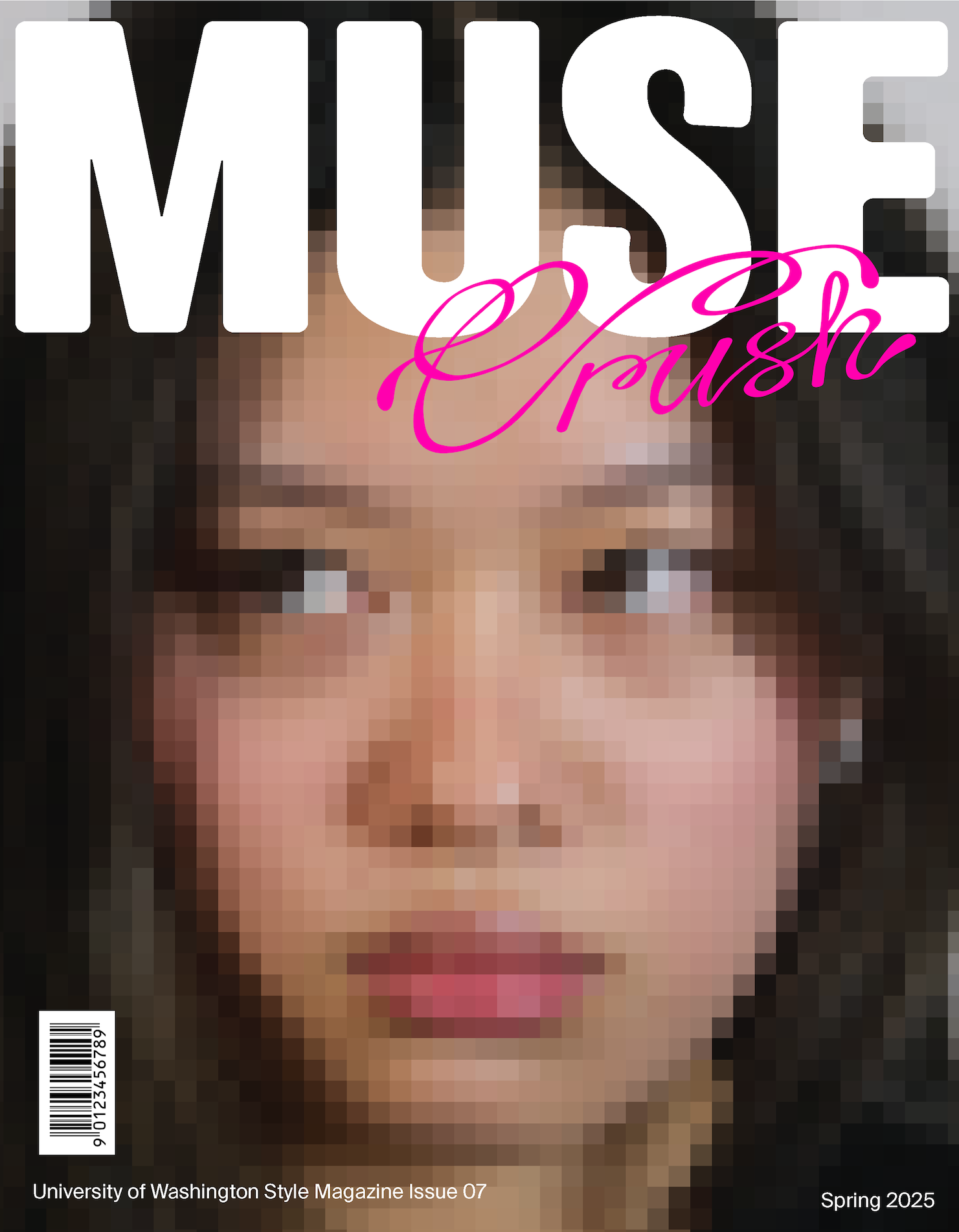 Muse magazine cover. Shows asian woman glancing towards top left of the page. There is a pixelated effect over the image.